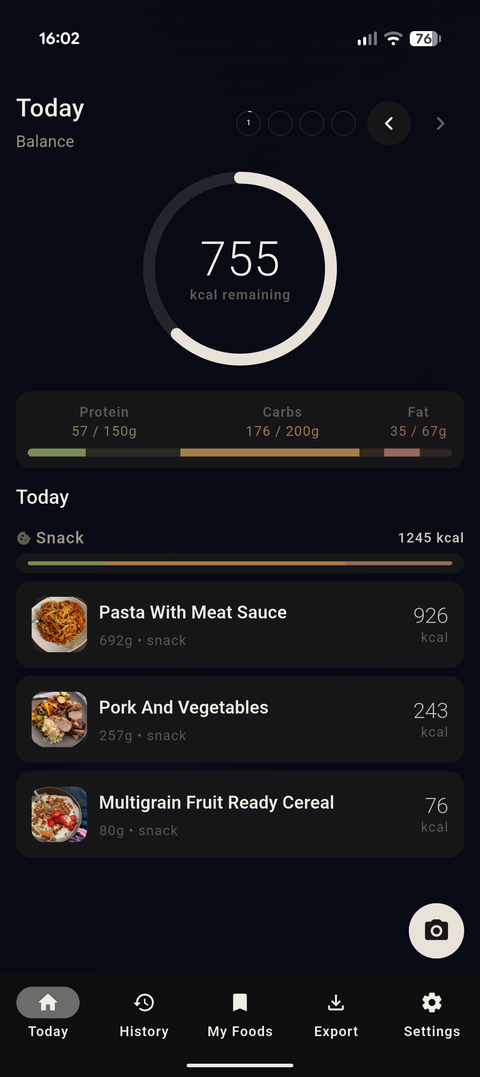 Adra Today dashboard: 755 kcal remaining, macro progress bars, and the day's logged meals including Pasta With Meat Sauce.